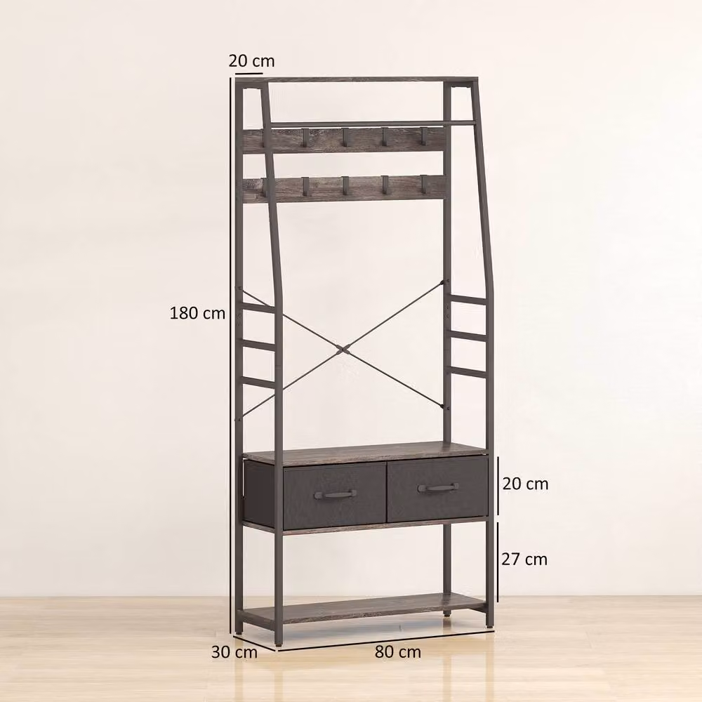 STILVORA Industrial Hall Tree with Bench, Shoe Storage and 10 Hooks in Grey and Black – 2