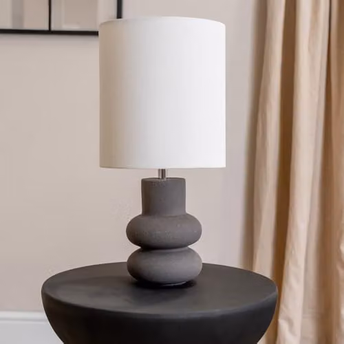ValueLights Jude Black Stacked Abstract Ceramic Table Lamp with Linen Tall Drum Shade and Bulb – 2