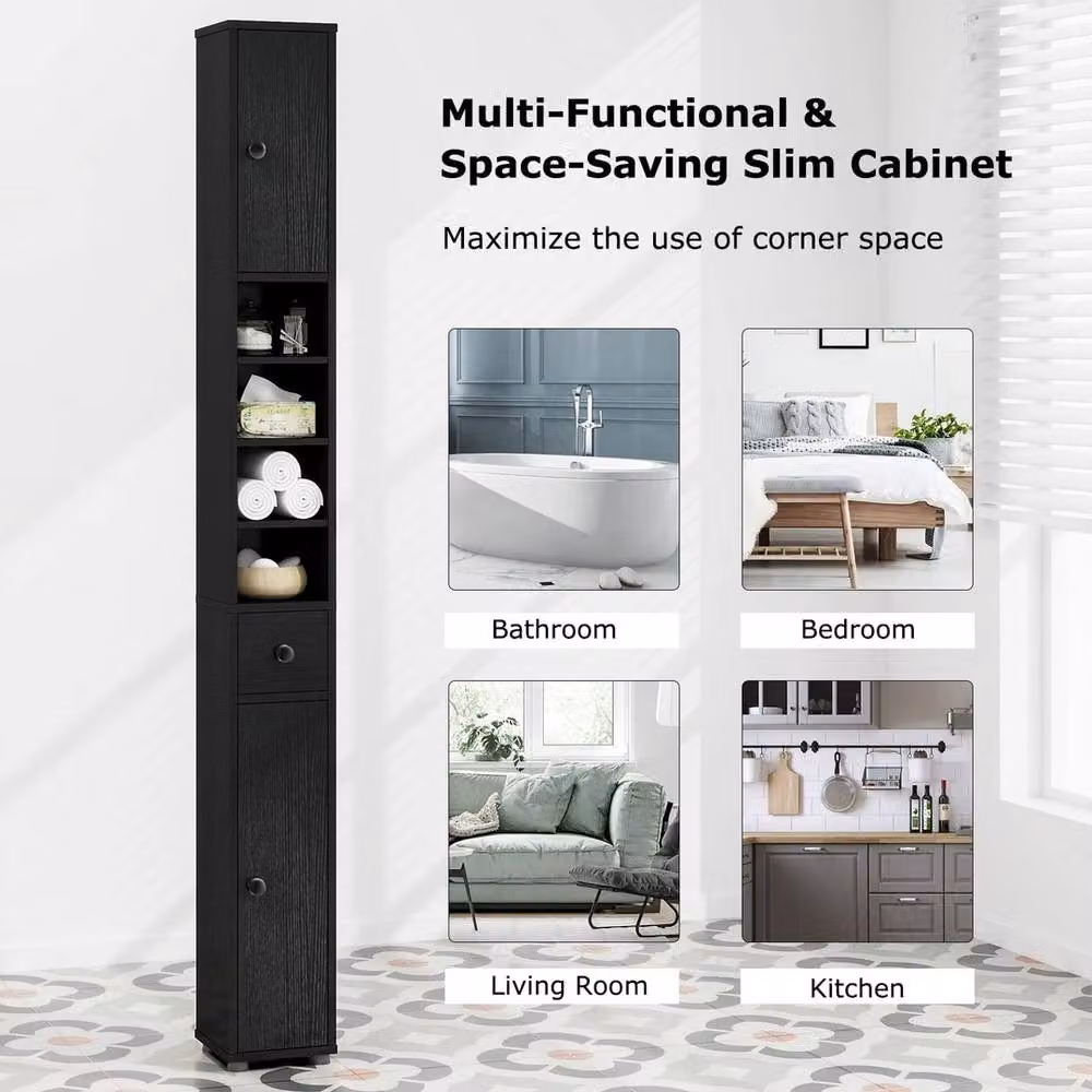 NESTLUNE Slim Freestanding Bathroom Tall Cabinet in Black, H 100 cm x W 15 cm – 4