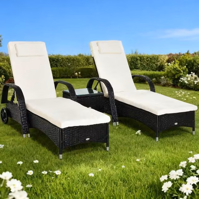 ERGOVEXA 2 Seater Polyrattan Sun Lounger Set with Side Table and Adjustable Headrests in Black