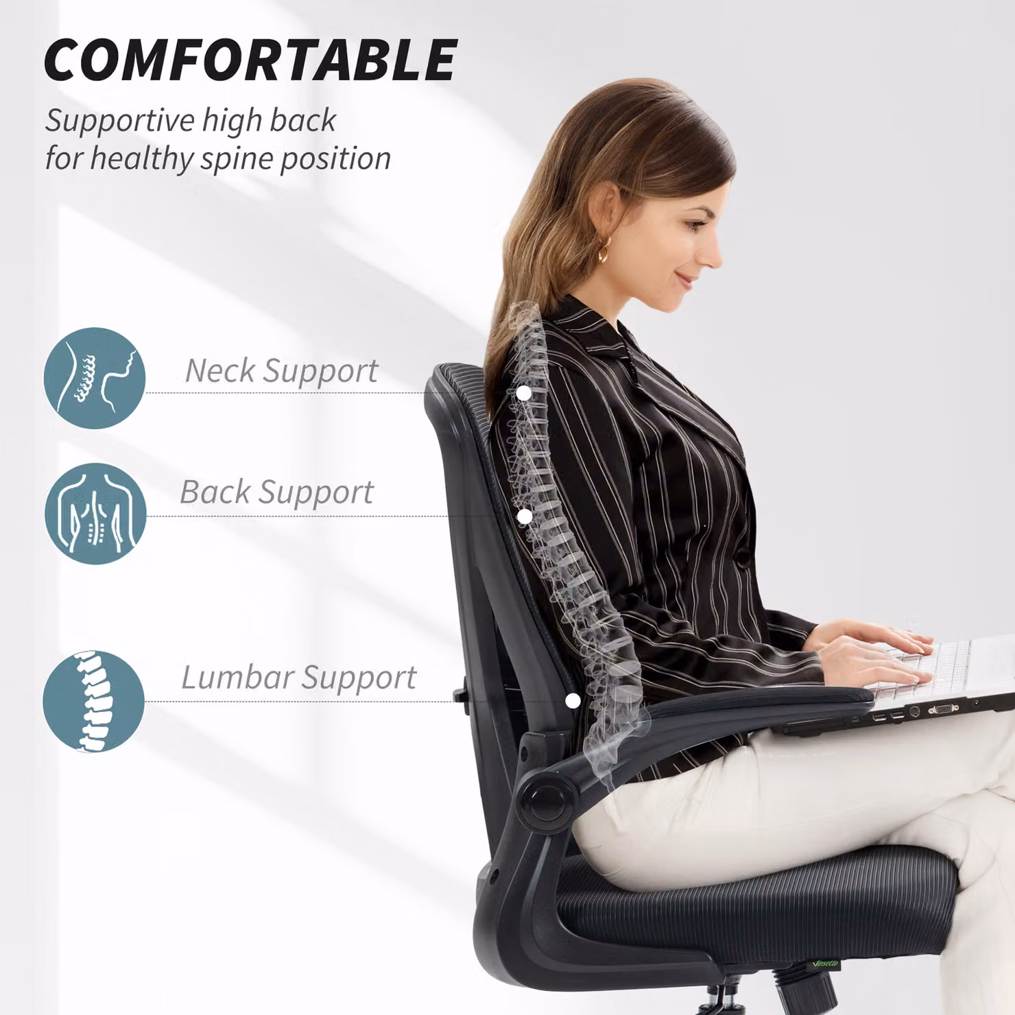 Vinsetto Ergonomic Mesh Office Chair with Flip-up Armrests and Lumbar Support in Black – 4