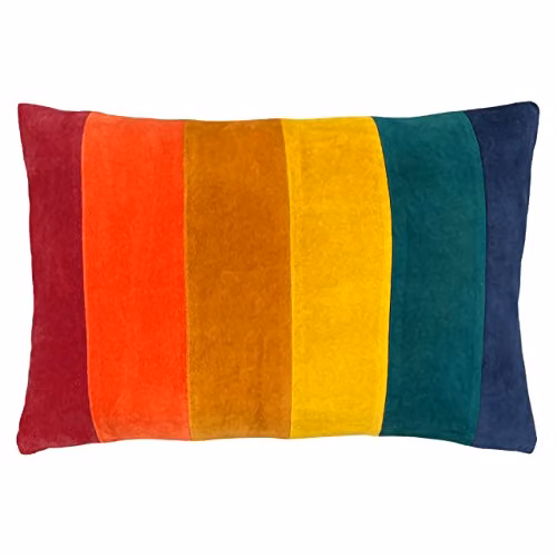 Furn Rainbow Striped Velvet and Cotton Rectangular Cushion in Gold and Multicolour, W/D/H: 50 x 30 x 1 cm
