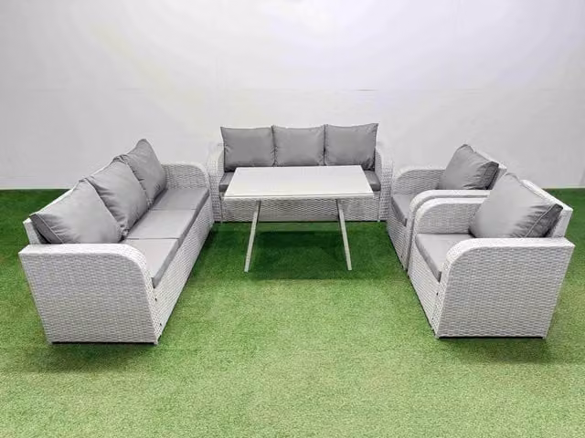Fimous Rattan High Back Lounge Sofa Set with Reclining Chairs and Coffee Table in Grey