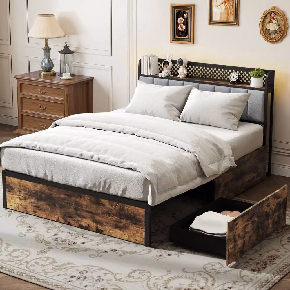 KORVIXA King Size Platform Bed in Brown with LED Under-Bed Lighting, USB Charging Ports, Bedside Shelves and Storage Drawers, 180 x 200 cm – 7