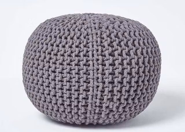 Homescapes Round Cotton Knitted Pouffe Footstool in Grey – 1