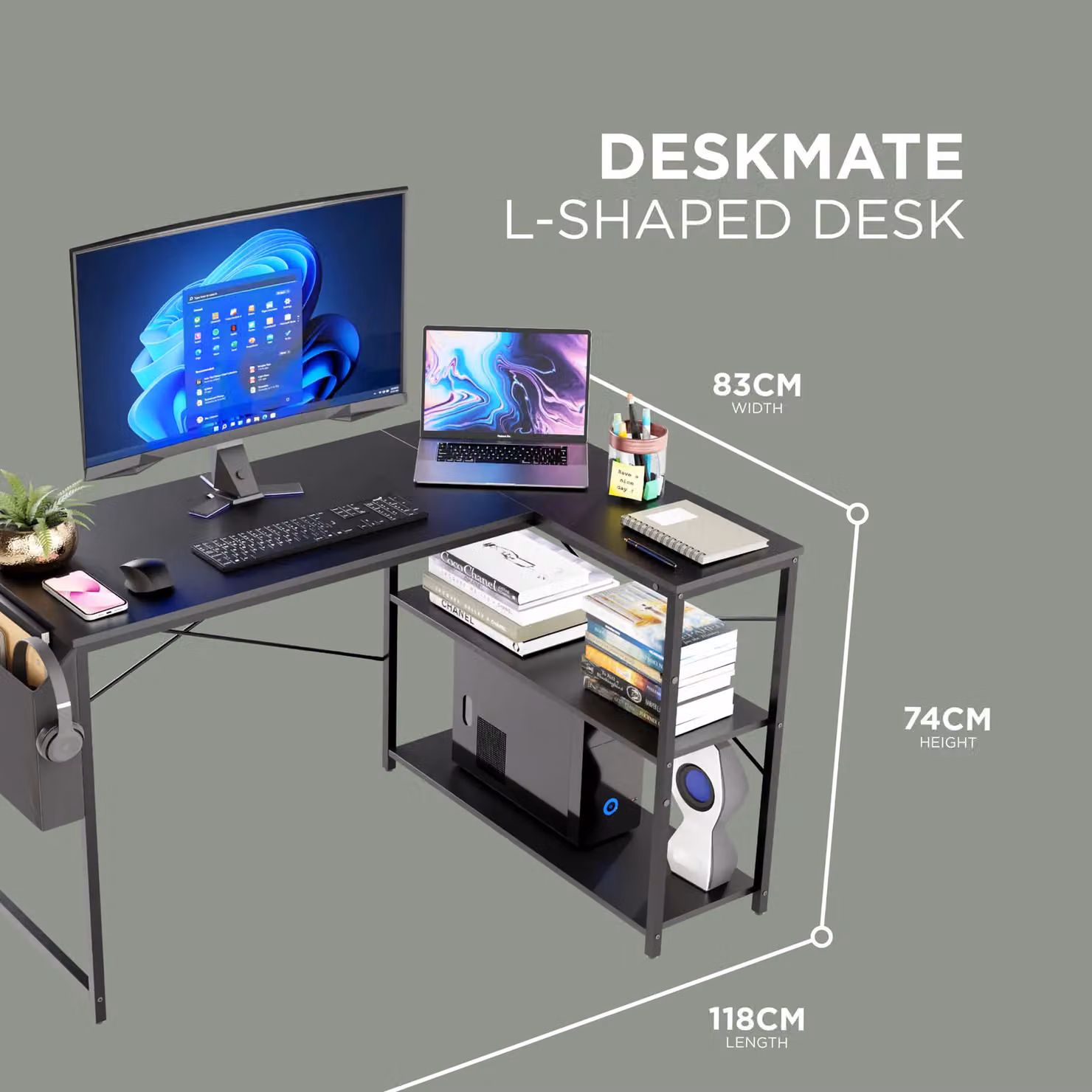 DMD Collective DeskMate Reversible L-Shaped Corner Desk with Storage Shelves in Black – 2