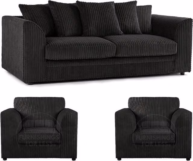 Furnishings For Less UK Luxor 3 Piece Sofa Suite in Black Jumbo Cord Fabric with Scatter Cushions