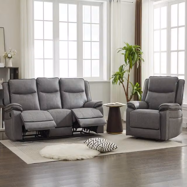Furniture One Manual Recliner Sofa Set in Grey, including 3 Seater and Armchair
