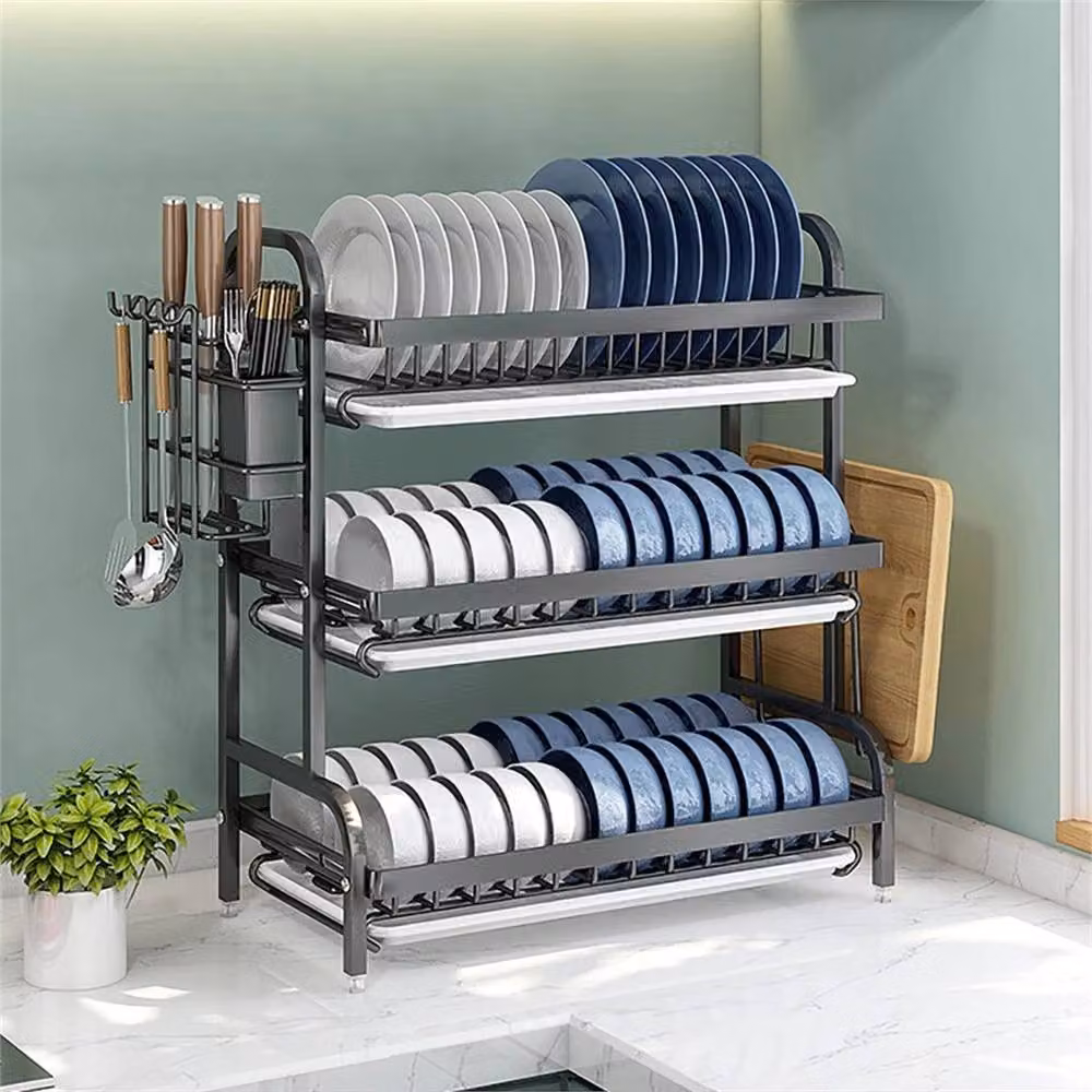 EONLION 3 Tier Over-Sink Dish Rack with Drainboard and Drip Tray, Black, W: 139.0 cm, H: 205.5 cm, D: 43.0 cm – 3