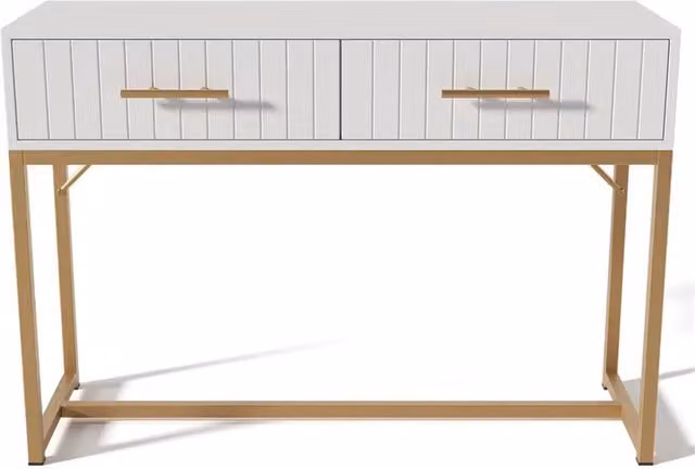 Nordara Modern Console Table with 2 Drawers, White and Gold Metal and Wood Frame – 1