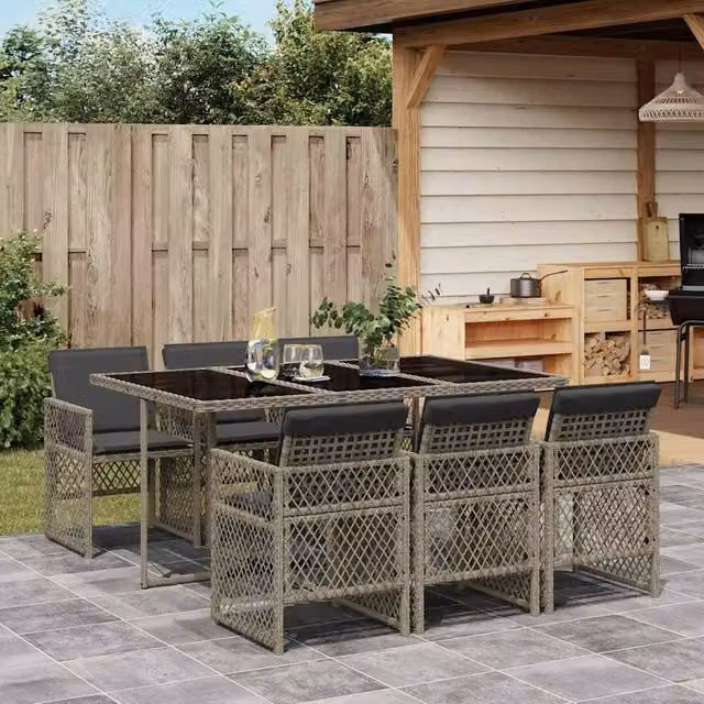Berkfield Home 7 Piece Grey Poly Rattan Garden Dining Set with Glass Table and Cushions – 1