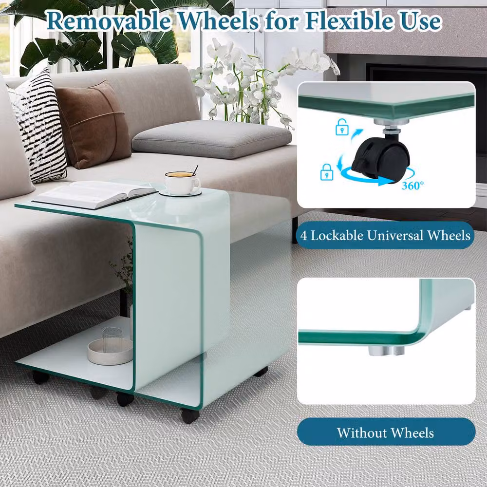 Gymax C-Shaped Tempered Glass Side Table with 2-Tier Shelf and 4 Lockable Wheels in White – 4