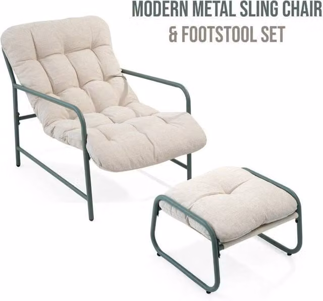 KORVIXA Beige Striped Sling Garden Relaxer Chair with Weatherproof Cushion and Steel Frame – 1