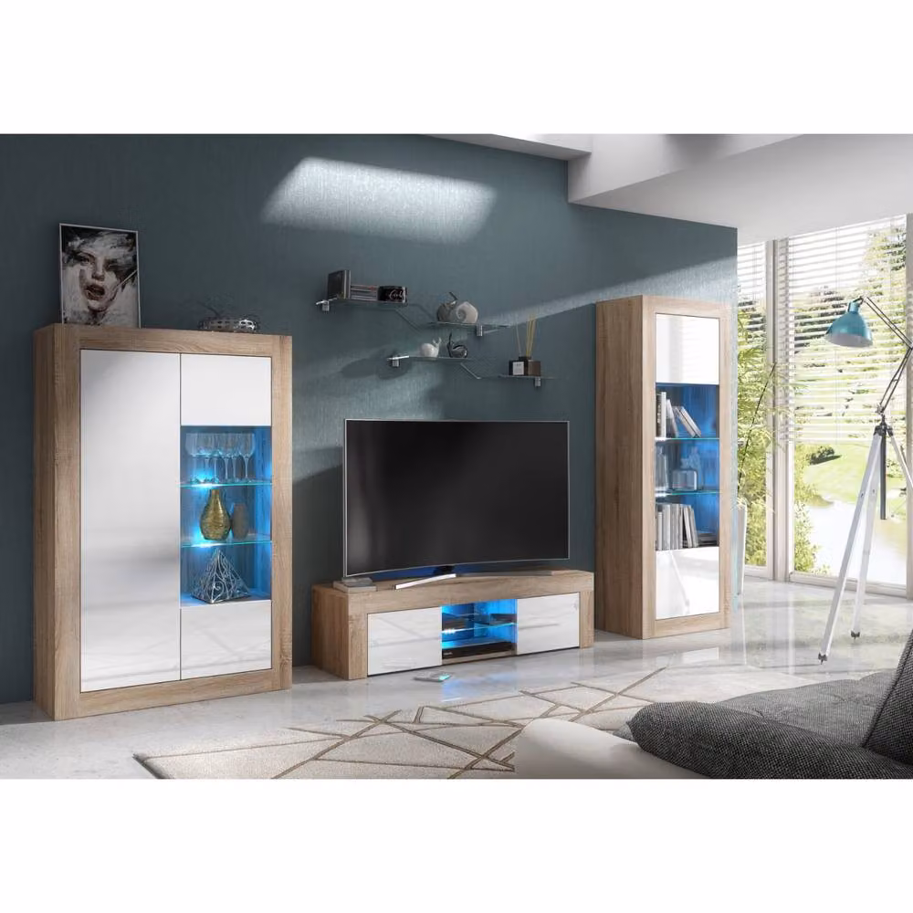 Mex Furniture LTD Arcadia Display Cabinet in Oak and White Gloss with LED Lighting, W/D/H: 140 x 35 x 93 cm – 4