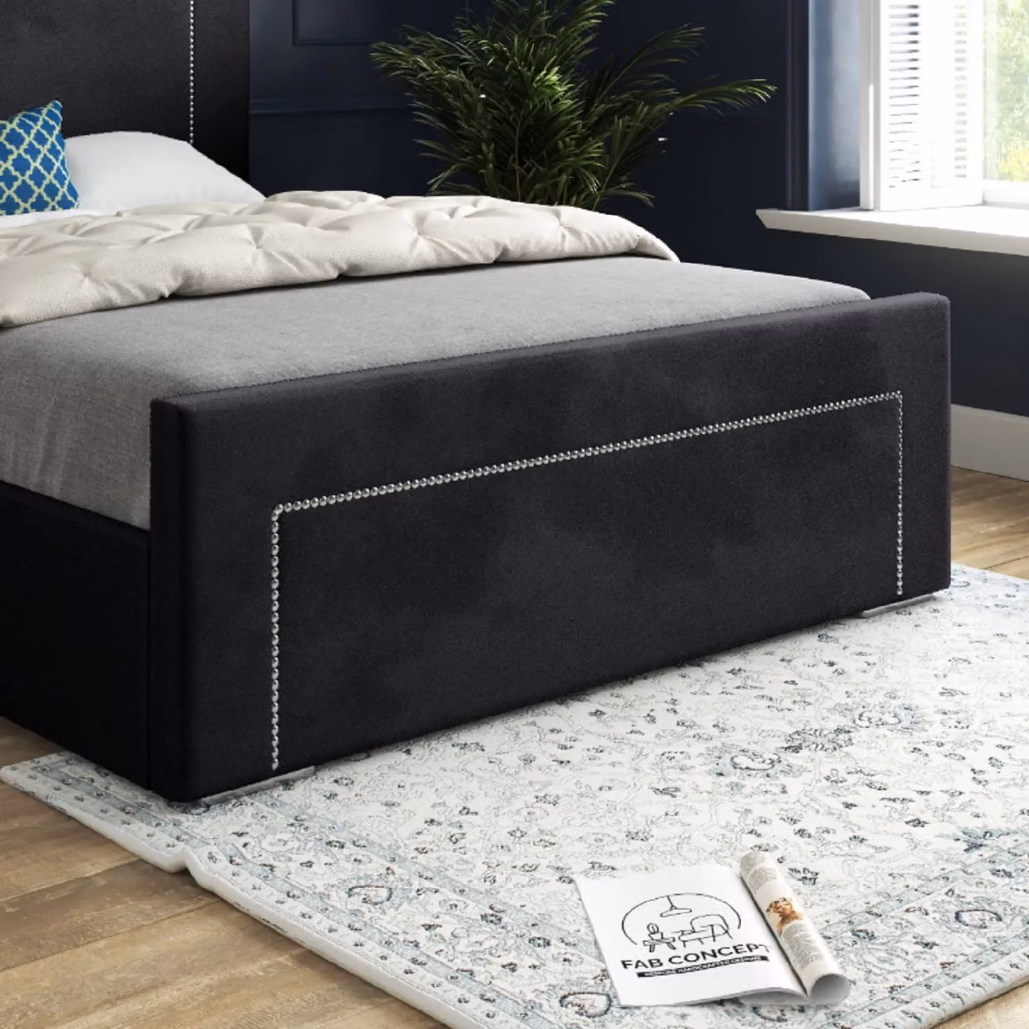KDMD Lucca Upholstered Soft Velvet Bed Frame in Black, W/D/H: 200 x 137 x 189 cm – 3