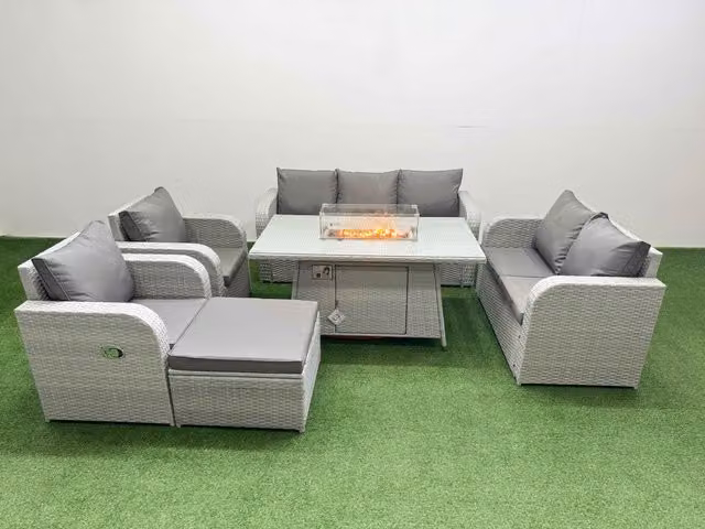 Fimous PE Rattan Garden Furniture Set in Light Grey with Reclining Chairs, Double Love Seat, Firepit Dining Table and Footstool