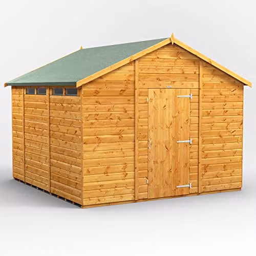 Powersheds Premium Wooden Apex Security Garden Shed in Natural Brown with PVC Window Sills and Toughened Glass, W/D/H: 325.2 x 251.0 x 251.0 cm – 1