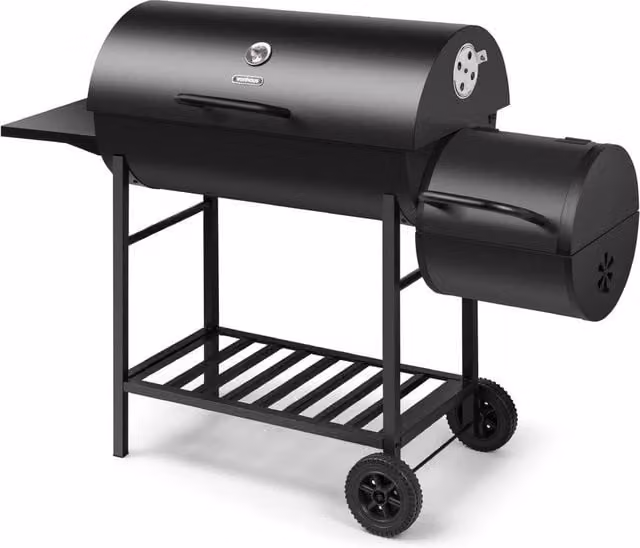 VonHaus Offset Charcoal Barrel BBQ Smoker in Black, W/D/H: 137 x 53 x 95 cm