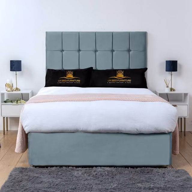 UK Bed Furniture Florence Divan Bed Base with 26 Inch Headboard in Light Blue Velvet, Super King, W/D/H: 200 x 200 cm