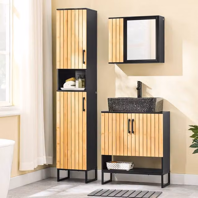SoBuy Modern Under Sink Bathroom Cabinet with Natural Bamboo Hinged Doors and Black Metal Frame