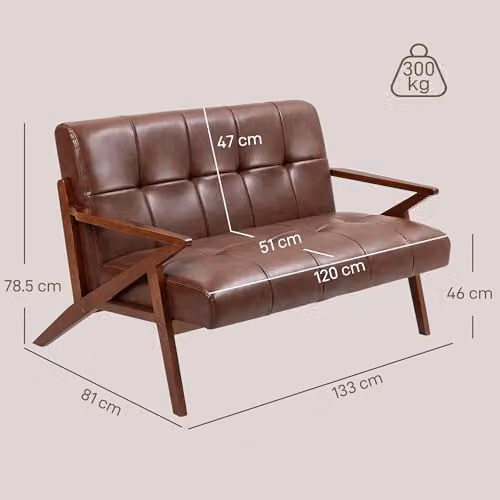 HOMCOM Vintage 2 Seater Compact Sofa in Brown Synthetic Leather with Solid Wood Frame, W/D/H: 133 x 81 x 78.5 cm – 3
