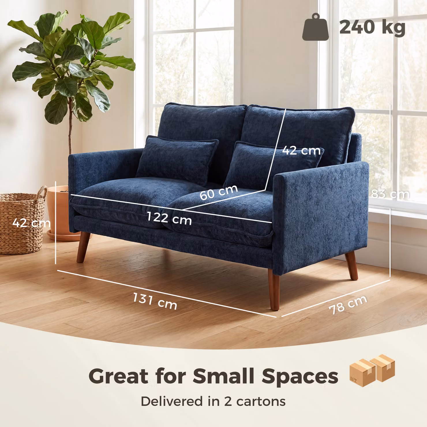 HOMCOM Blue Velvet 2 Seater Sofa with Scatter Cushions and Rubberwood Legs – 3