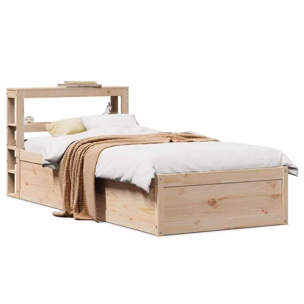 Berkfield Home Sleek Single Bed Frame with Headboard and Bedside Shelf, Solid Pine Wood, Beige, W/D/H: 90 x 190 cm