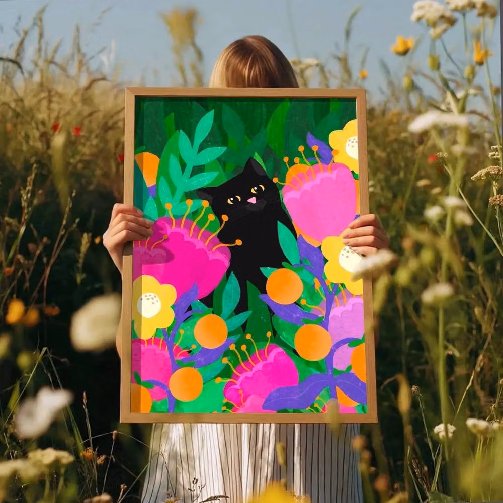 The Paper Tail Cat In The Wild Colourful Floral Art Print, Multicolour – 2