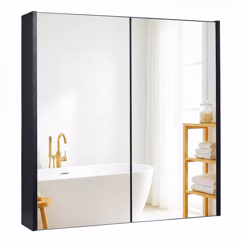 Costway Modern Black Wooden Wall Mounted Bathroom Medicine Cabinet with Mirror and Soft Close Hinged Doors – 5