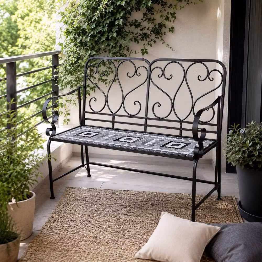 Shatchi Medina Mosaic 2 Seater Garden Bench in Multicolour Metal and Ceramic Tile, W: 112 cm, H: 96 cm, D: 47 cm – 4