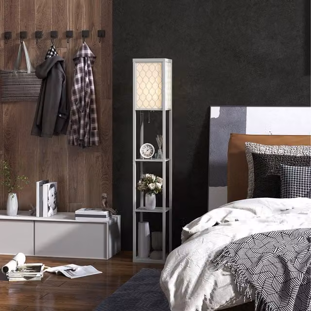 HOMCOM Modern 4 Tier Floor Lamp with Shelves in Grey