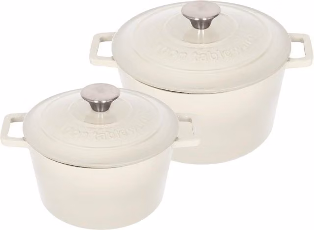 Argon Tableware 2pc Round Cast Iron Casserole Dish Set, 2.8l and 4.5l, Pebble Gloss White