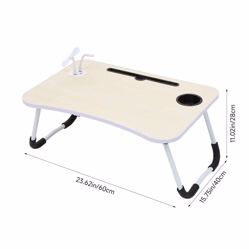 Living and Home Folding Laptop Bed Table with LED Light, Fan, 4 USB Ports, Tablet Slot and Cup Holder in Beige – 2