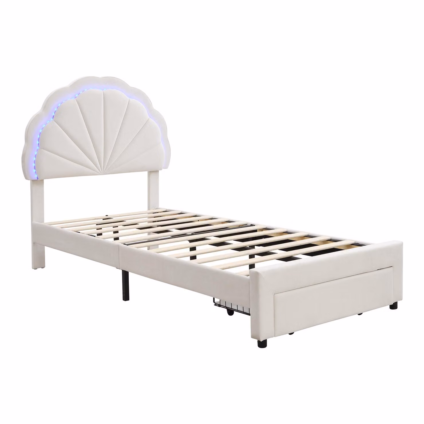 Aosom.UK Beige Velvet Upholstered Single Bed with Shell Backrest, LED Under-Bed Lighting and Storage Drawer, H 114.5 x W 91 x D 200 cm – 2