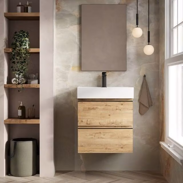 Banyetti Vatilla 600mm Wall Hung Vanity Unit with Veneto 1 Tap Hole Basin in Ostippo Light Oak – 1