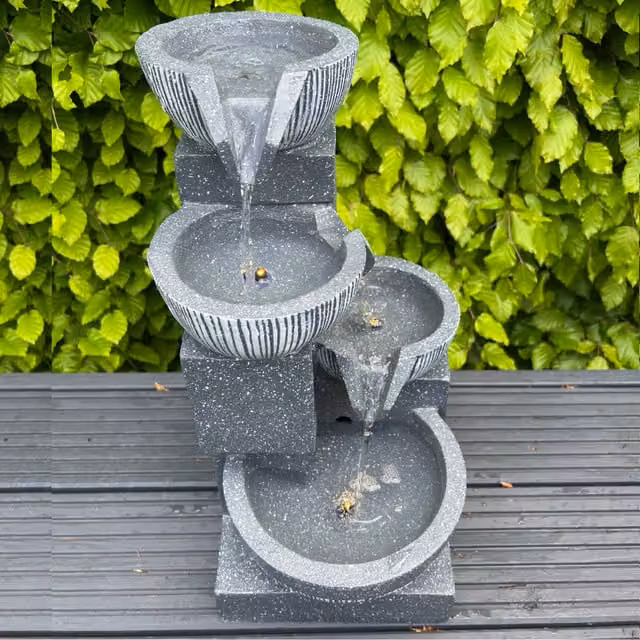 All Pond Solutions Solar Waterfall Cascade with 4 LED Lighted Stone Water Bowls in Grey