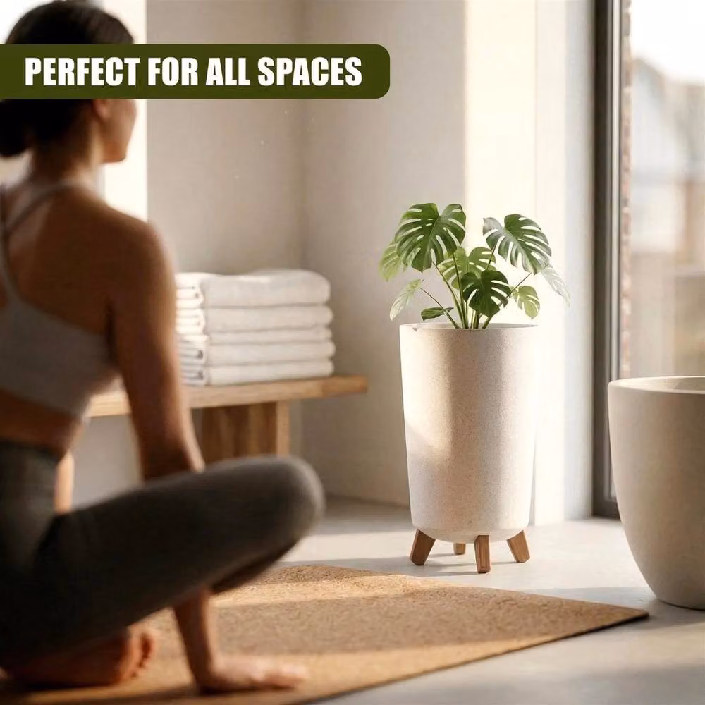 KORVIXA Tall Round Plant Pot with Wood Legs in White – 5