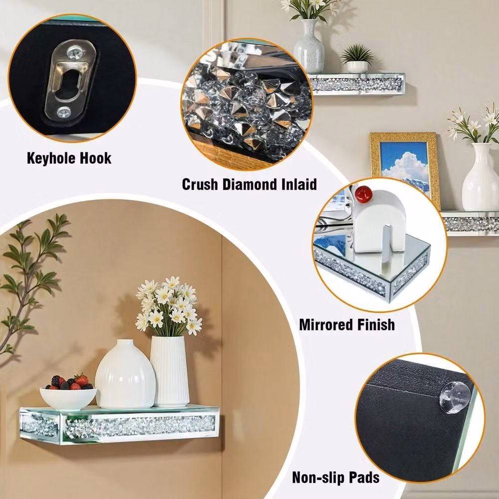 FLAVORA Crushed Diamond Glass Floating Display Shelves in Silver – 2
