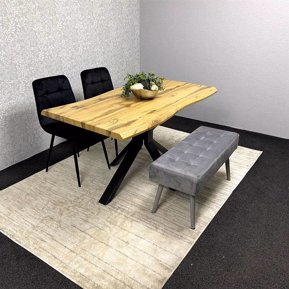 KOSY KOALA Modern Rectangular Dining Set with Velvet Chairs and Wooden Benches in Black, Brown or Grey – 7