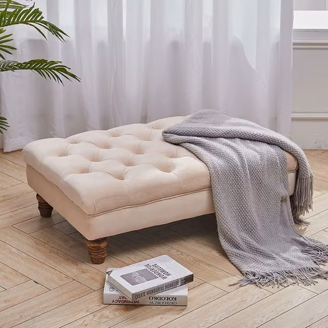 Livingandhome Chesterfield Upholstered Fabric Buttoned Pouffe Footstool in Beige Yellow, Width: 90 cm