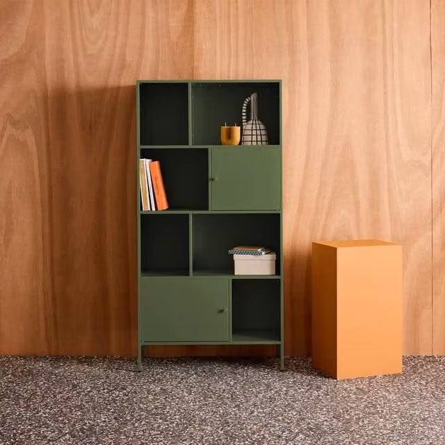 sweeek Industrial Metal Buffet Storage Unit with 8 Compartments in Matt Green, H: 160.5 cm, W: 80 cm, D: 28 cm