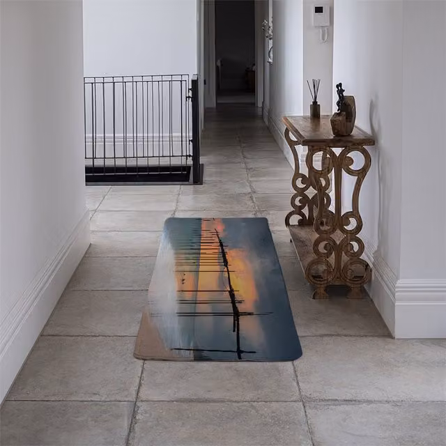 Benjamin Tate Design LTD Wood Bridge Sunset at Sea Thailand Designer Runner Rug, Orange and Multicolour Wool Non-Slip Rug