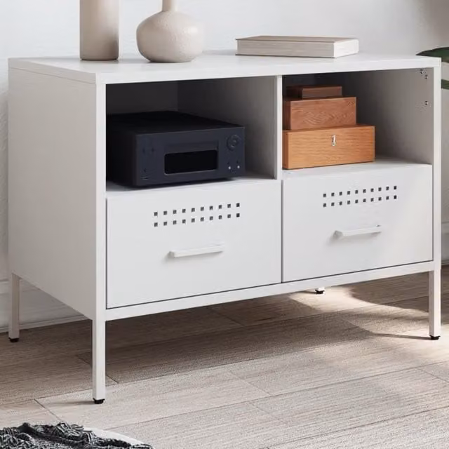 Berkfield Home Industrial TV Cabinet in White Metal, W/D/H: 68 x 39 x 50.5 cm