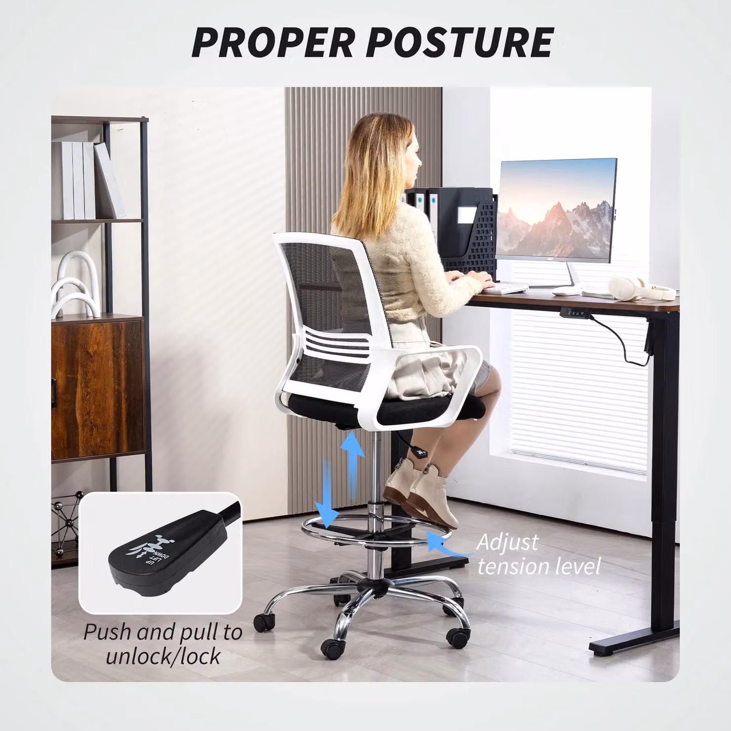 HOMCOM Black Fabric Drafting Chair with Swivel and Foot Ring – 5