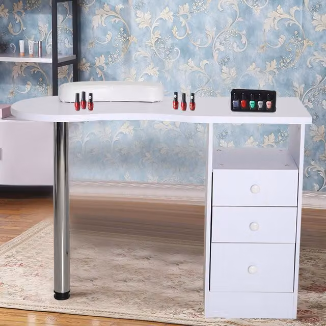 Livingandhome Modern White Wood Nail Table with 3 Drawers for Salon and Home Use