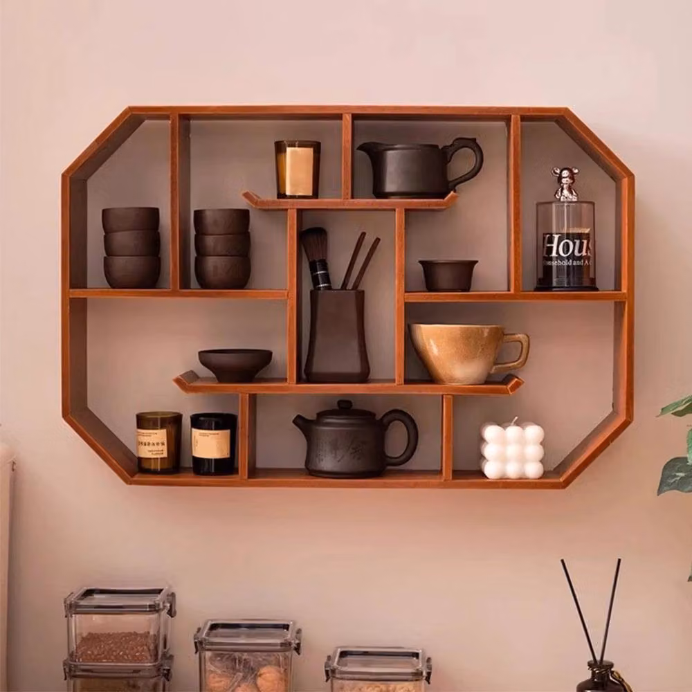 KORVIXA Brown Pine Cube Wall Mounted Display Shelf with Open Back Design – 3