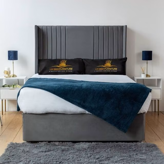 UK Bed Furniture Skyline Wingback Divan Bed Base with 54 Inch Headboard in Grey, Single, W/D/H: 90 x 190 x 137.16 cm