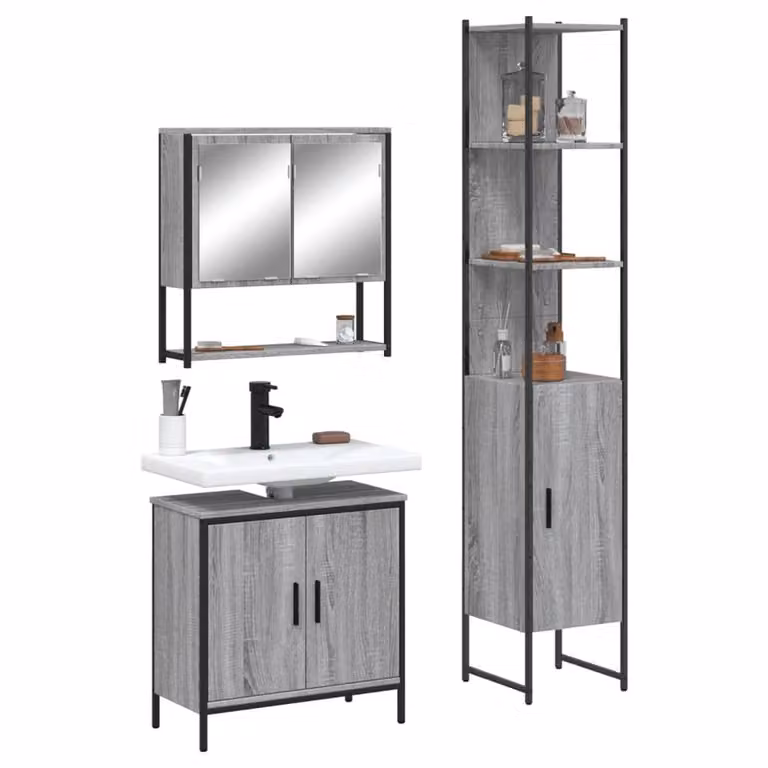 Berkfield Home 3 Piece Grey Bathroom Furniture Set with Mirror Cabinet and Vanity Unit