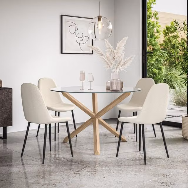 More4Homes Malvern Round Glass Dining Table Set with Oak Legs and 4 White Maya Boucle Chairs, Diameter: 120 cm, Height: 75 cm