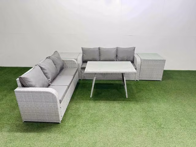 Fimous Rattan High Back Lounge Sofa Set in Light Grey with 3 Seater Sofa and 2 Side Tables